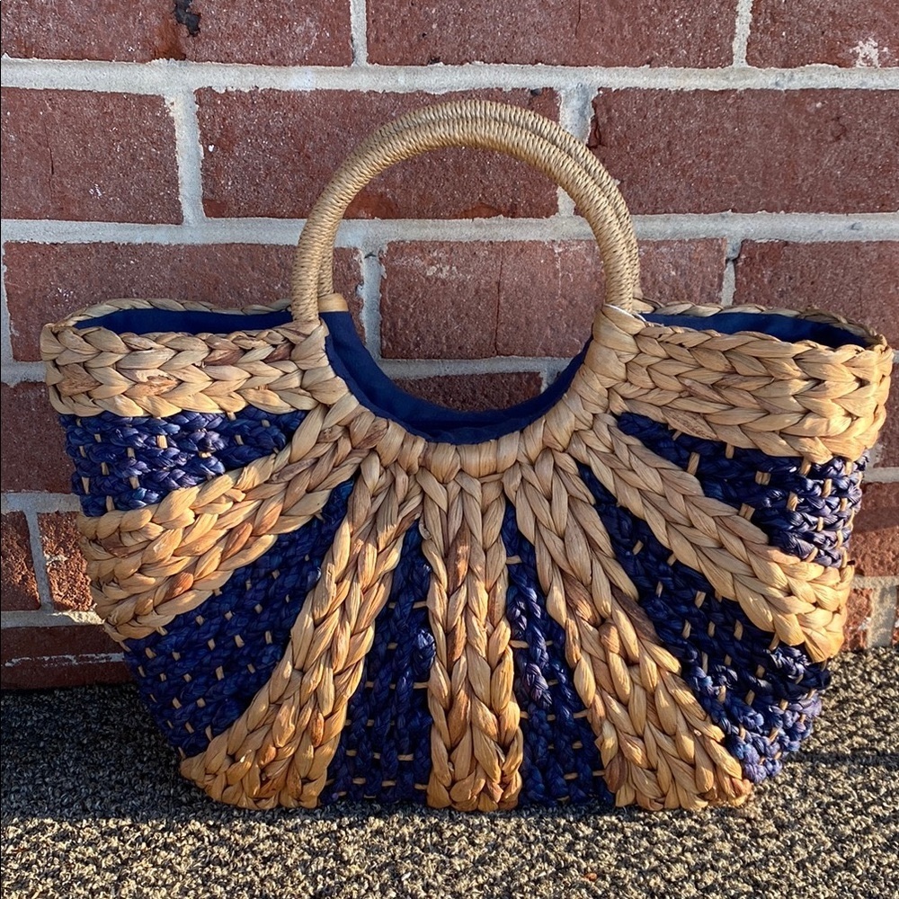Woven Straw Tote Bag with Navy Accent